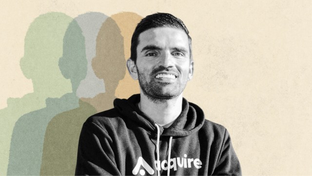 A man, identified as Andrew Gazdecki, wears a dark hoodie with “Acquire” printed on it, standing against a beige background with multi-colored shadows behind him.