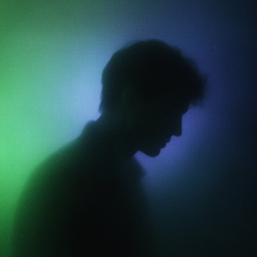 Silhouette of a person in profile against a gradient background of green and blue light.