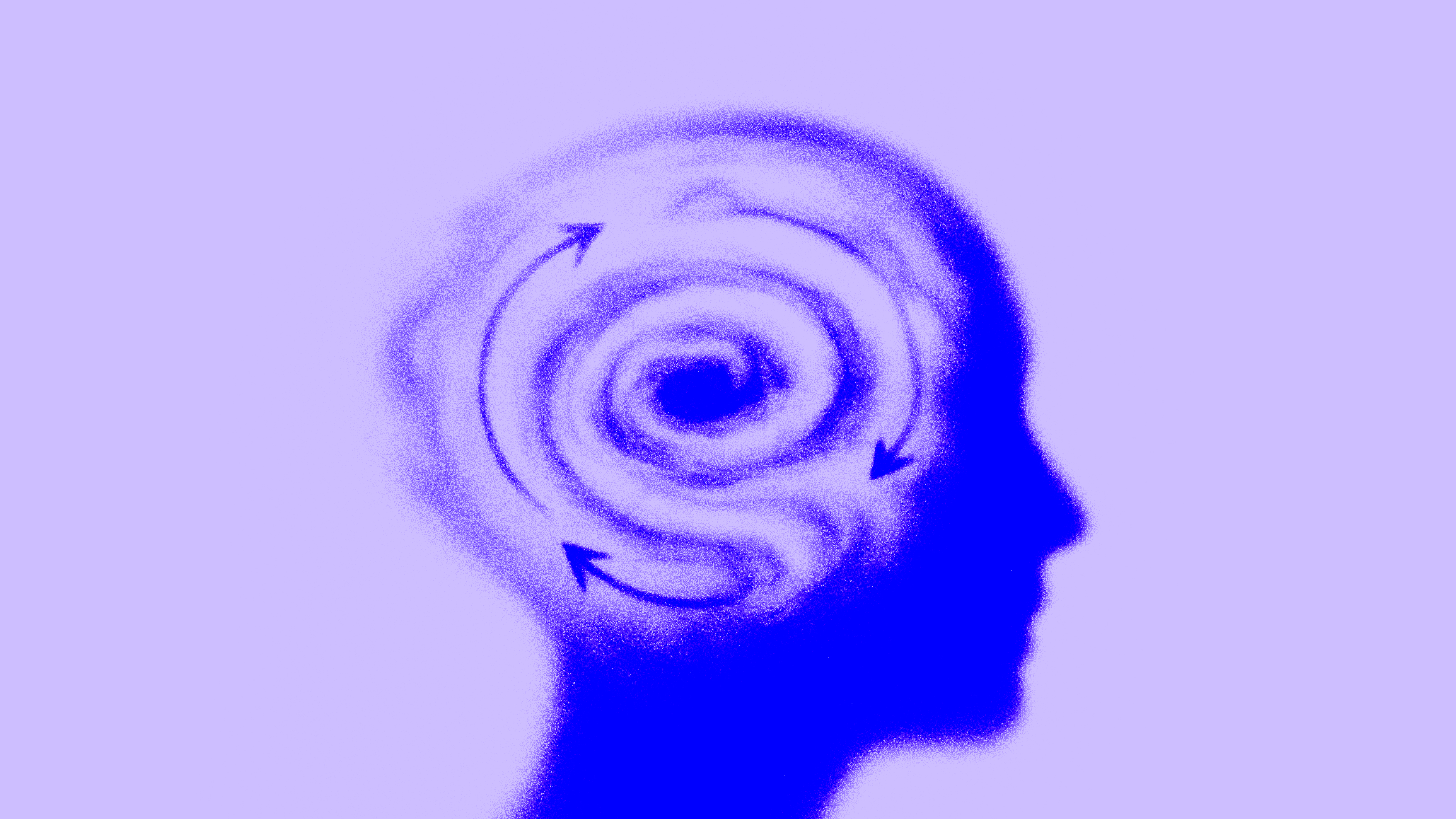 A silhouette of a human head with swirling arrows inside the brain, illustrating a concept of circular thought or mental processes.
