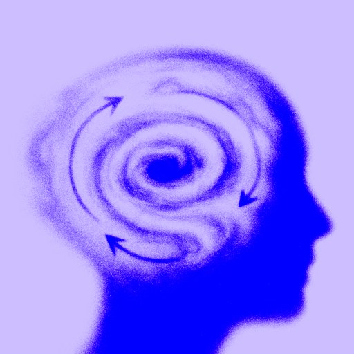 A silhouette of a human head with swirling arrows inside the brain, illustrating a concept of circular thought or mental processes.
