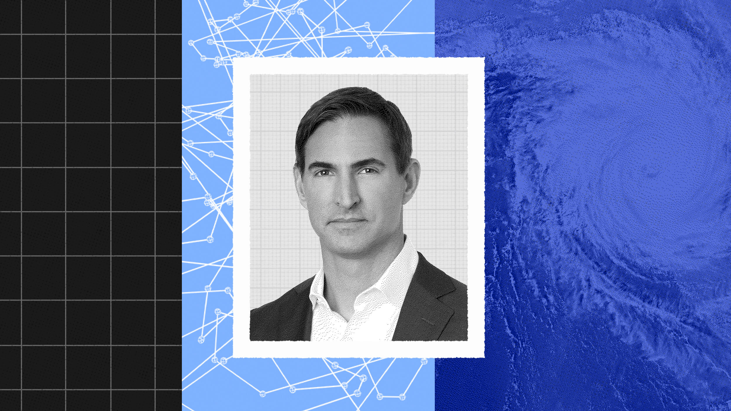 Black-and-white portrait of a man in a suit centered between a grid, network lines, and a swirling blue pattern evoking a hurricane, symbolizing the dynamic power of predictive intelligence.