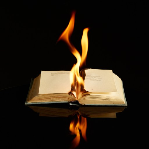An open book, symbolizing dangerous books, burns with flames rising from its pages against a black background, its fiery reflection shimmering on a glossy surface.