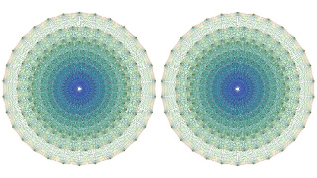 Two identical, intricate, circular geometric patterns with symmetrical, multicolored lines and shapes are displayed side by side on a white background—each subtly reflecting the argument against theory of everything’s promise of perfect symmetry.