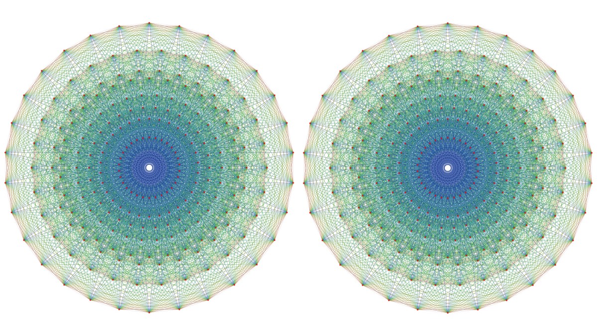 Two identical, intricate, circular geometric patterns with symmetrical, multicolored lines and shapes are displayed side by side on a white background—each subtly reflecting the argument against theory of everything’s promise of perfect symmetry.