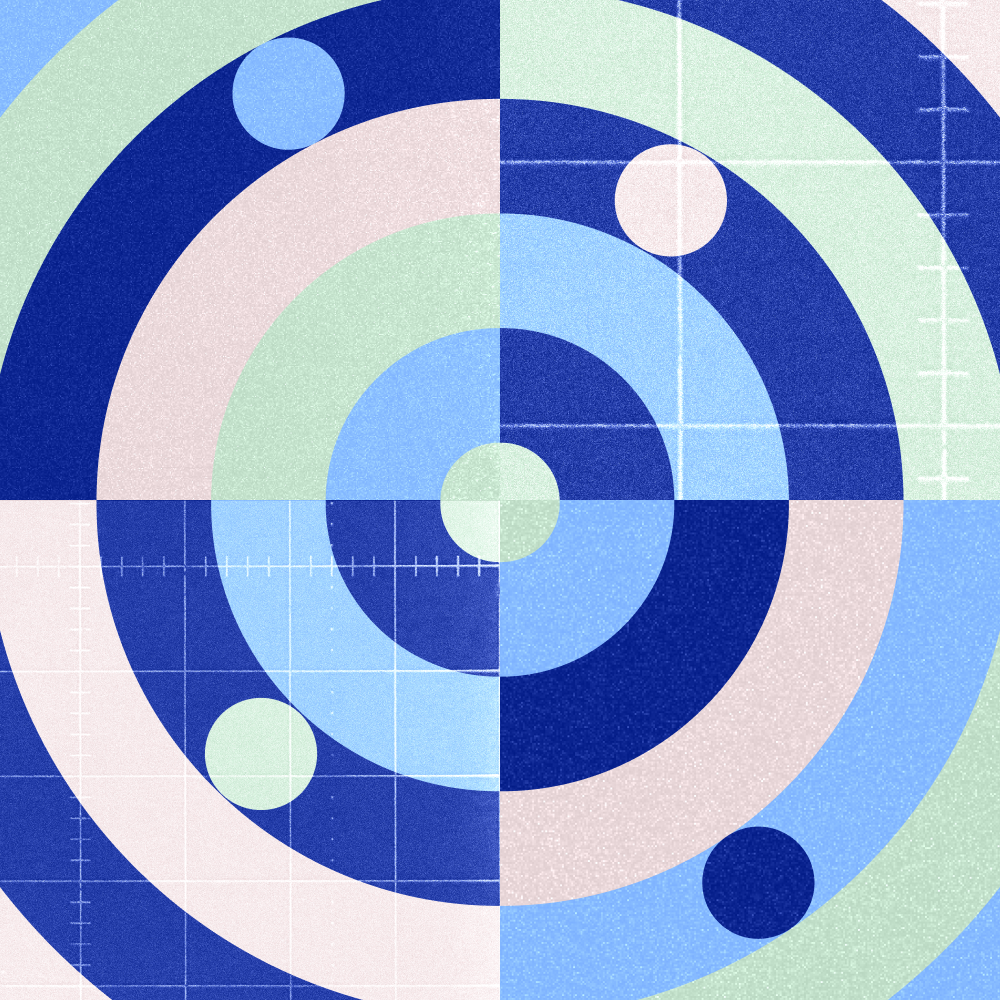 Abstract geometric design featuring concentric circles, quartered background, and scattered solid and outlined dots in blue, green, and white hues.
