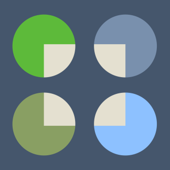 Four circles, each divided into a colored three-quarters segment and a beige one-quarter segment, are arranged in a 2x2 grid on a dark blue background.