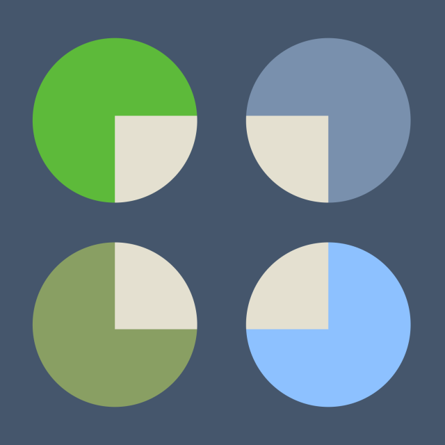 Four circles, each divided into a colored three-quarters segment and a beige one-quarter segment, are arranged in a 2x2 grid on a dark blue background.