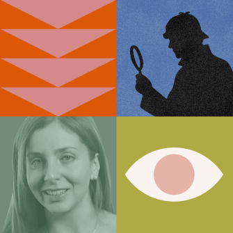 A four-panel image featuring orange chevrons, a detective silhouette with a magnifying glass, a grayscale portrait of a woman, and a stylized eye on a green background.