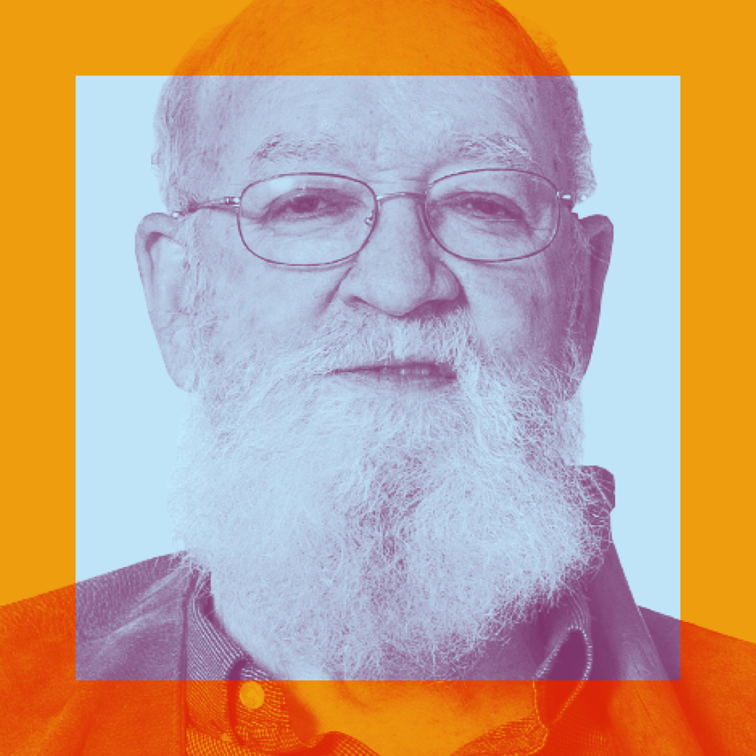 Elderly man with glasses and a white beard, photographed in cool tones with an orange transparent square overlay.