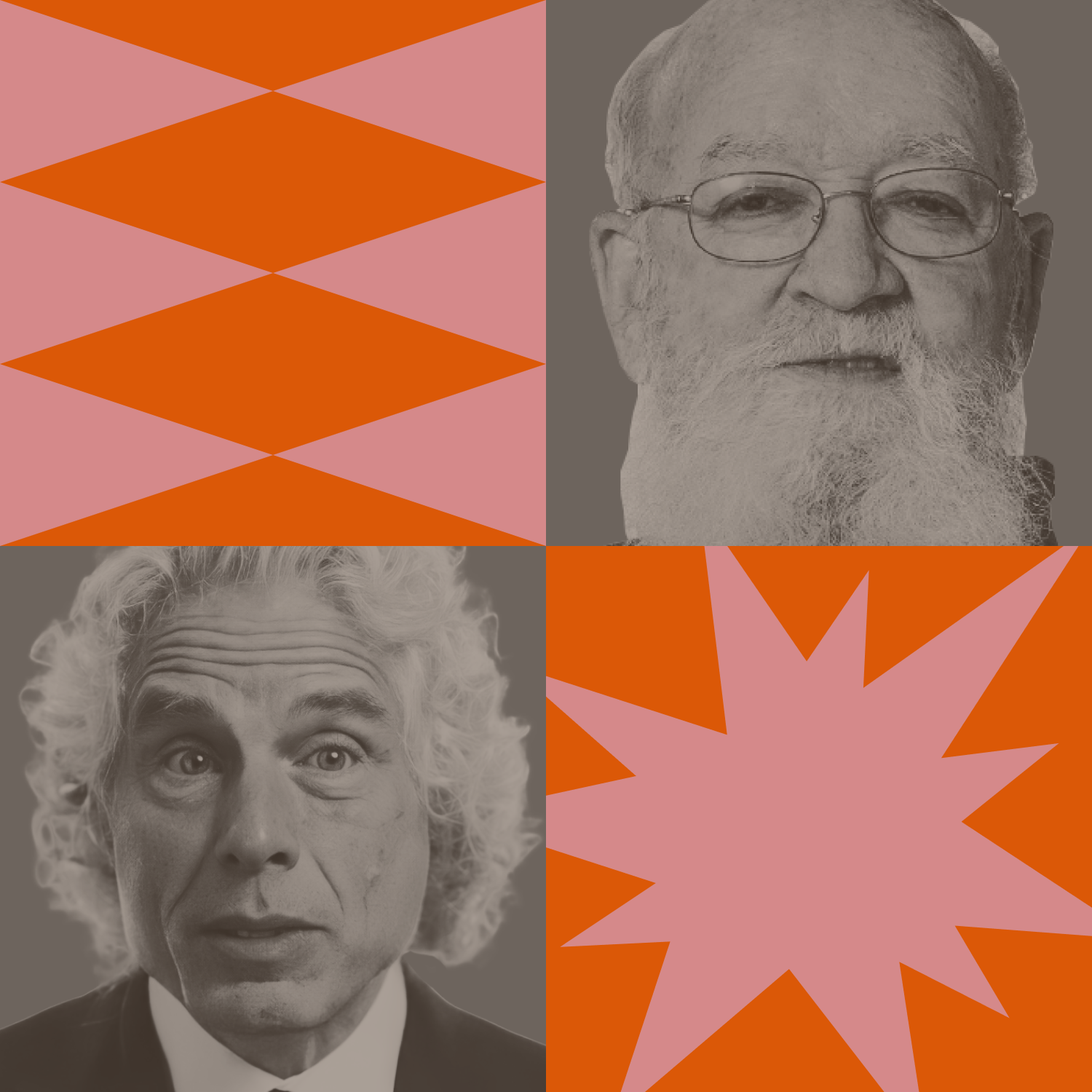 A grid with two grayscale portraits of older men with glasses and curly hair, separated by pink and orange geometric shapes.