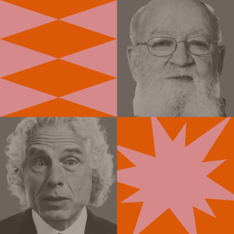 A grid with two grayscale portraits of older men with glasses and curly hair, separated by pink and orange geometric shapes.