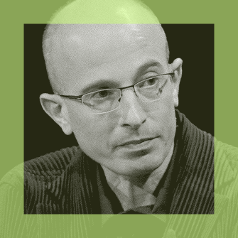 A person with glasses and a bald head is looking slightly to the side, centered in a green-tinted square frame.