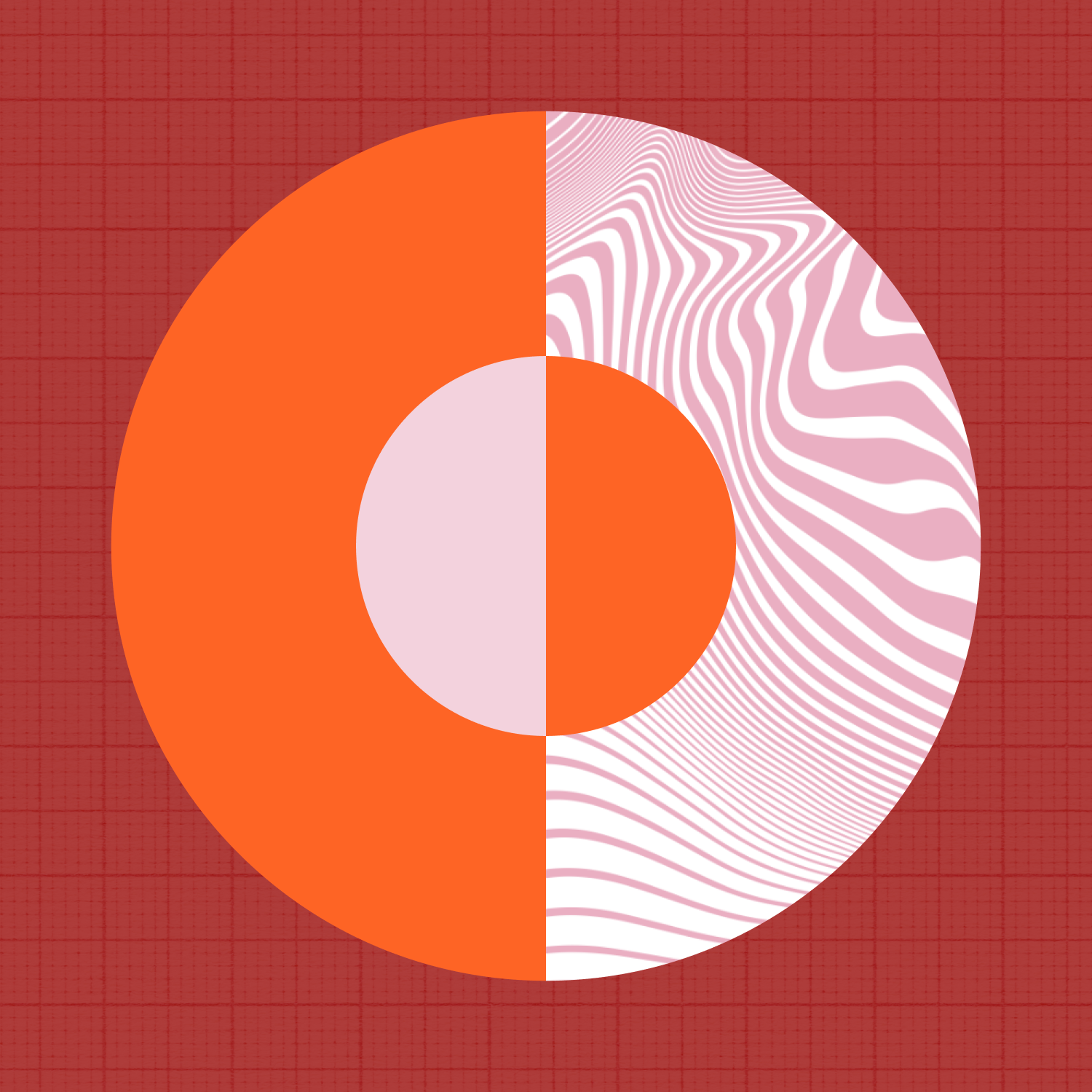 A large orange and pink circle is divided vertically; the left half is solid colors, while the right half features wavy white and pink lines against a red grid background.
