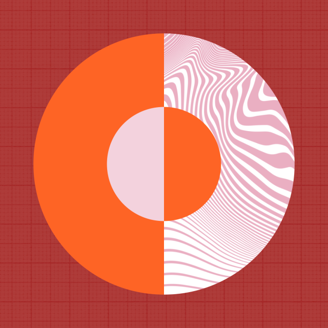 A large orange and pink circle is divided vertically; the left half is solid colors, while the right half features wavy white and pink lines against a red grid background.