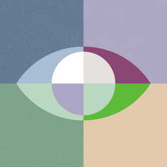 Abstract illustration of an eye centered over four quadrants in blue, purple, green, and beige, with the eye composed of overlapping colored segments.