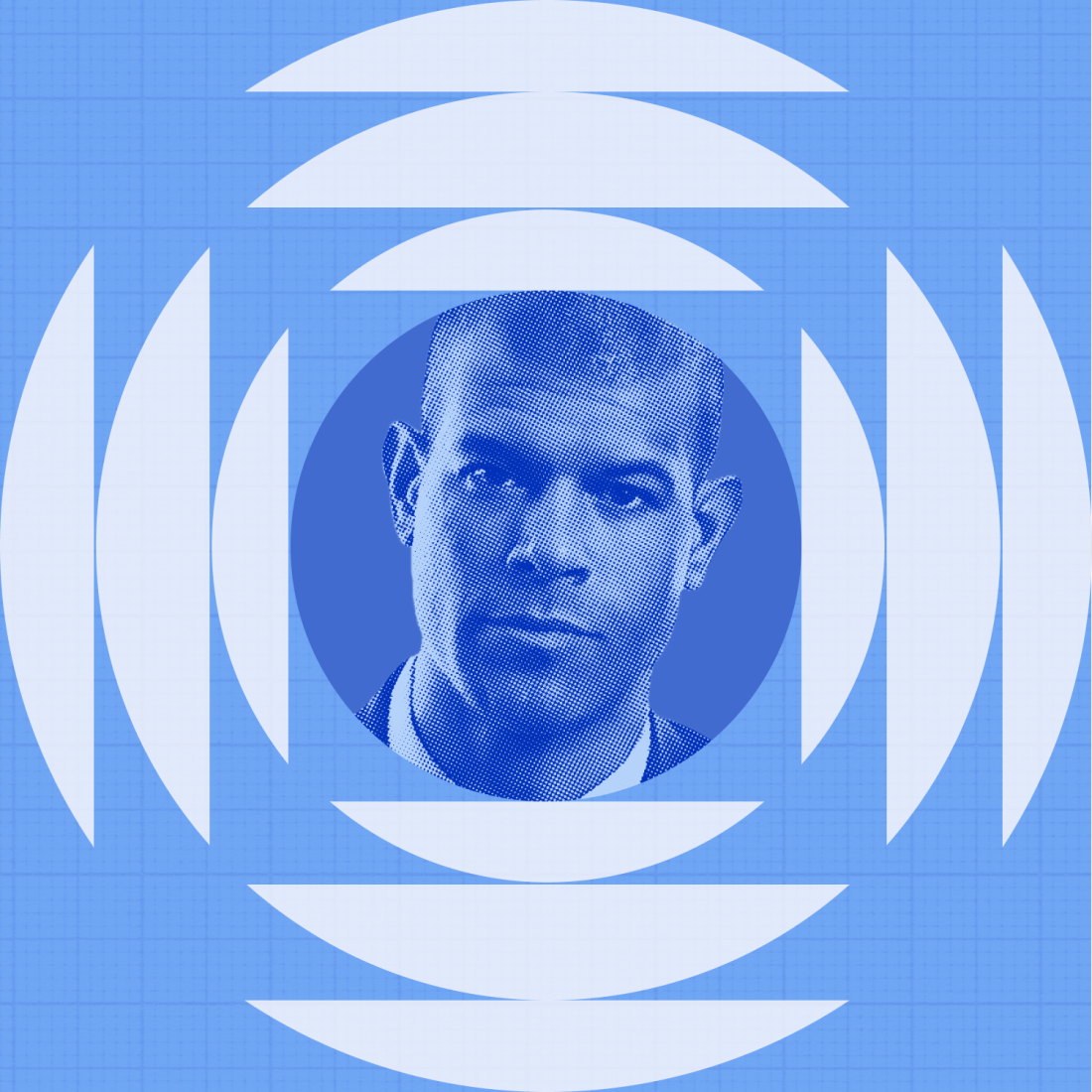 A man's portrait in blue tones is centered within concentric white arcs on a blue grid background.