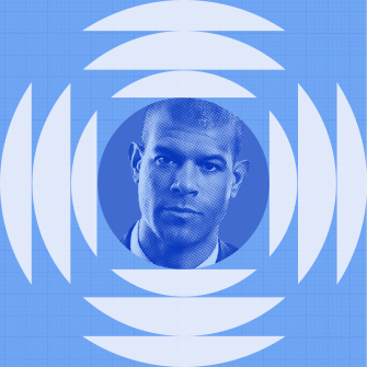 A man's portrait in blue tones is centered within concentric white arcs on a blue grid background.