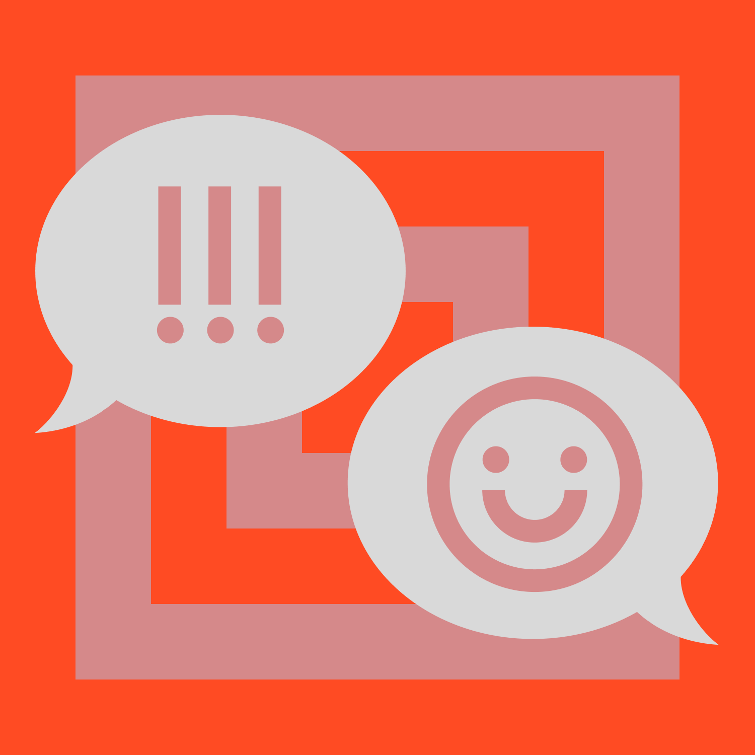 Two speech bubbles on a red background: one has three exclamation marks, the other has a smiling face. A pink square spiral pattern is in the background.