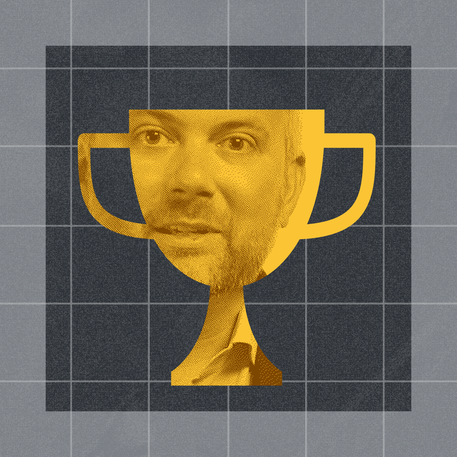 A gold trophy illustration overlaid with a man's face, set against a gray grid background.