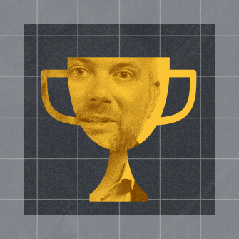 A gold trophy illustration overlaid with a man's face, set against a gray grid background.