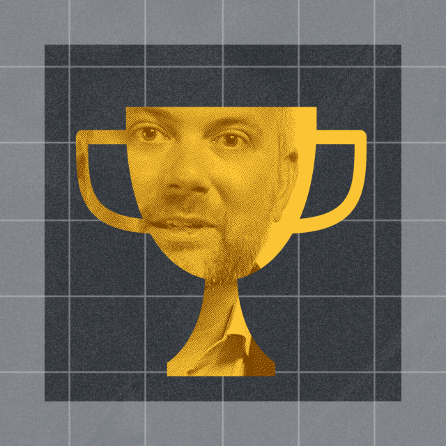 A gold trophy illustration overlaid with a man's face, set against a gray grid background.