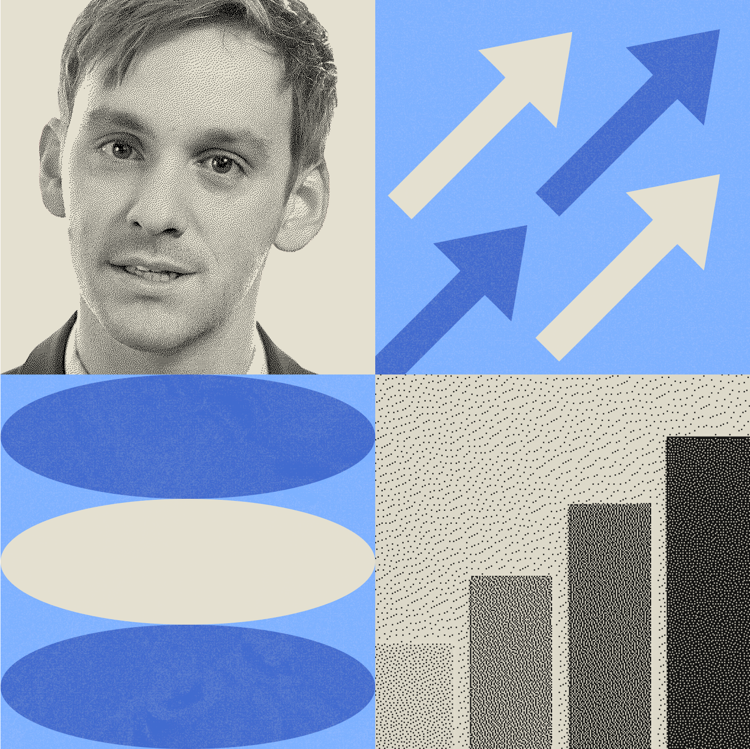 A collage with a man’s portrait, three upward-pointing arrows, three horizontal ovals, and a bar chart with rising columns, all in blue, grey, and beige tones.