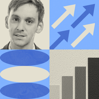 A collage with a man’s portrait, three upward-pointing arrows, three horizontal ovals, and a bar chart with rising columns, all in blue, grey, and beige tones.