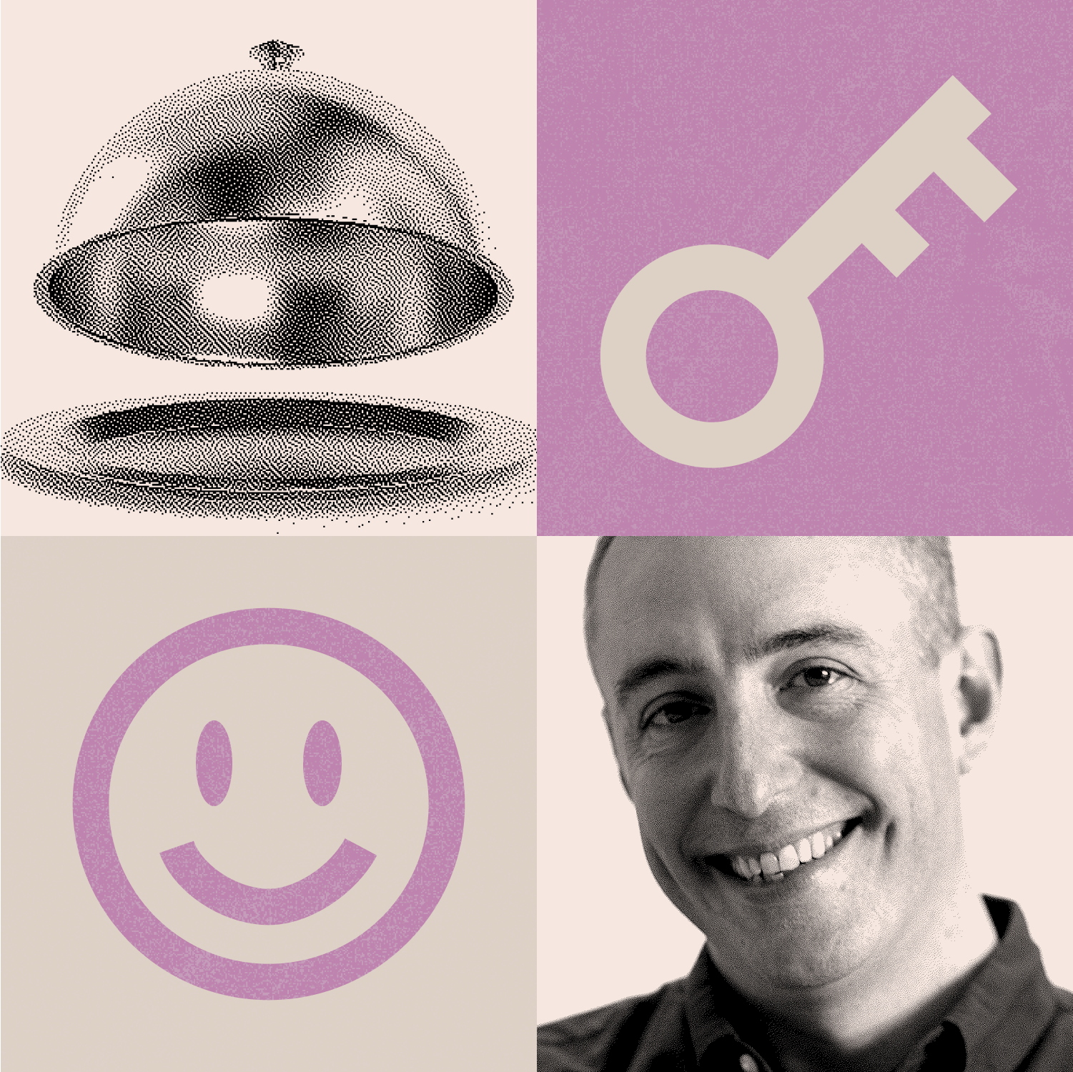 A four-panel image: a serving tray, a key symbol, a smiley face, and a smiling man in the bottom right corner. The colors are muted purple and beige.