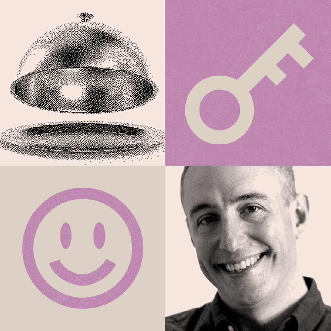 A four-panel image: a serving tray, a key symbol, a smiley face, and a smiling man in the bottom right corner. The colors are muted purple and beige.