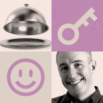 A four-panel image: a serving tray, a key symbol, a smiley face, and a smiling man in the bottom right corner. The colors are muted purple and beige.