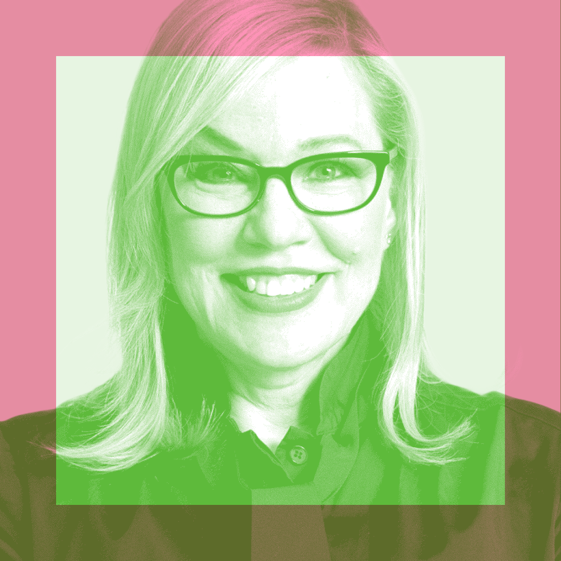 A woman with glasses and shoulder-length blonde hair smiles at the camera. The image has pink and green color overlays in square shapes.