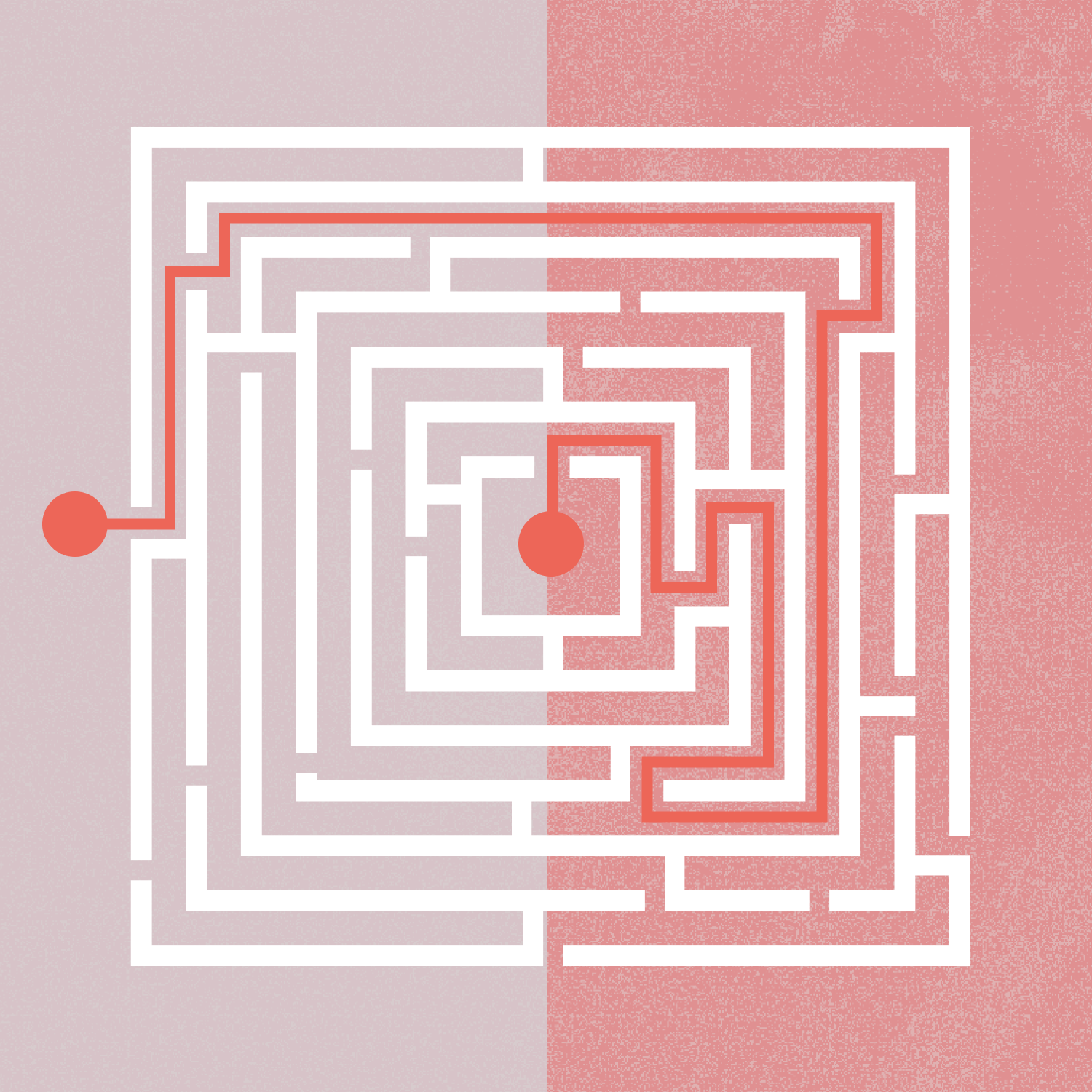 A square maze divided into two colored halves with a path traced from the outer left circle to the center circle.