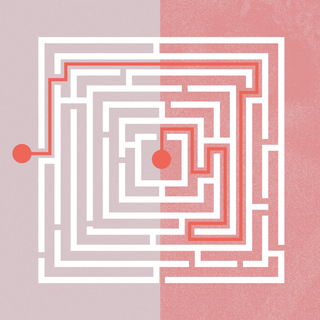 A square maze divided into two colored halves with a path traced from the outer left circle to the center circle.