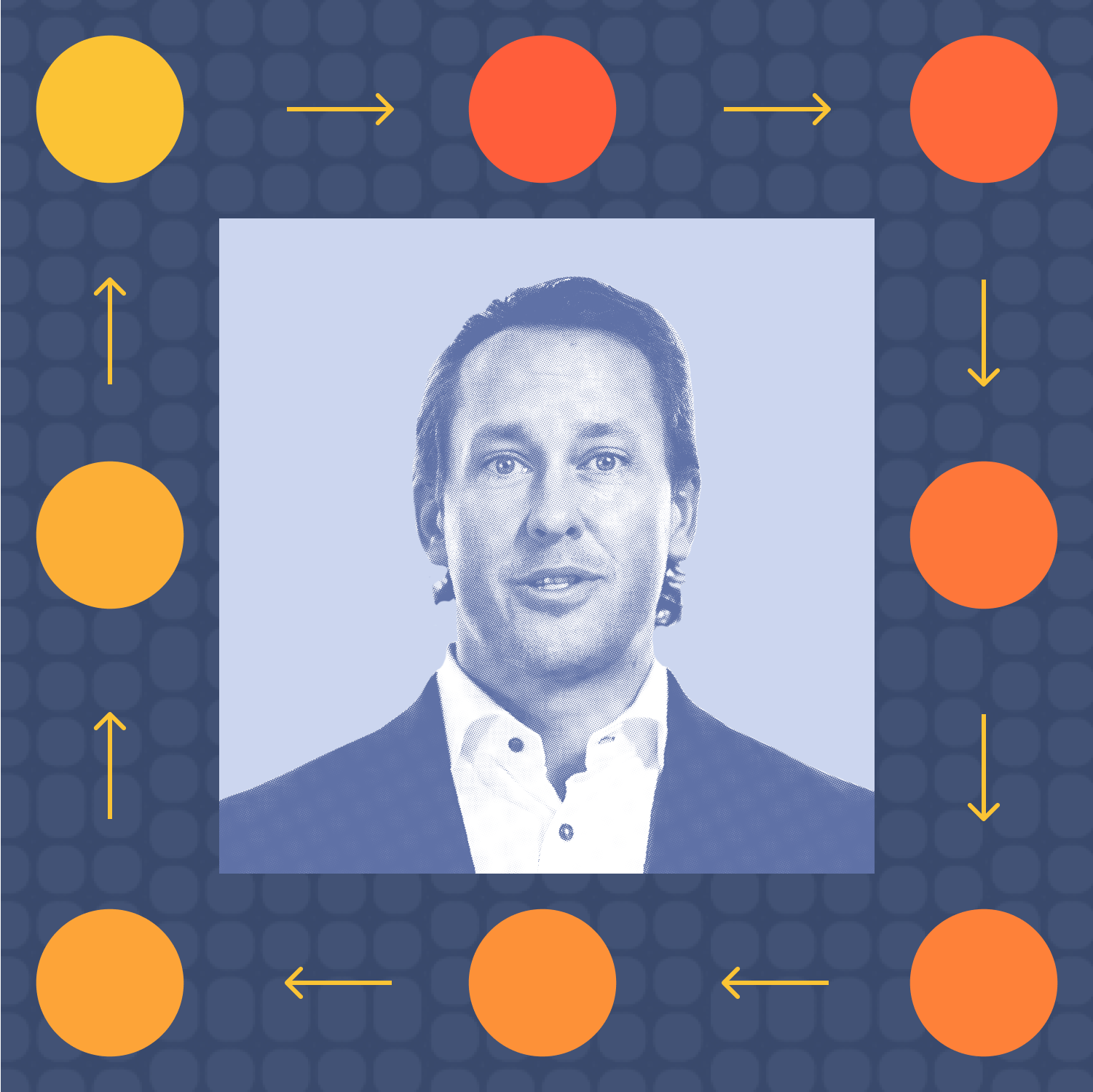 A man in a suit is centered in a blue-tinted square, surrounded by red and orange circles connected by arrows on a dark patterned background.