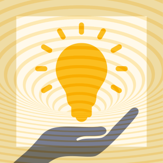 A gray hand holds up a glowing yellow lightbulb icon, with radiating lines and concentric circles in the background.