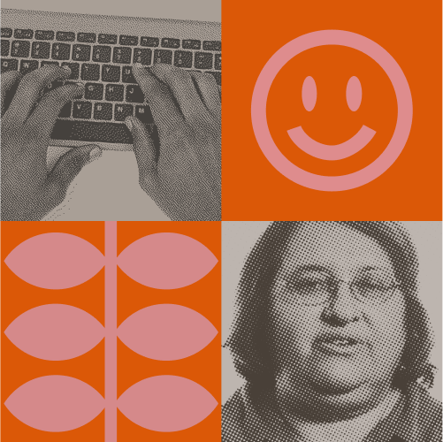 A collage with four panels: hands typing on a keyboard, a pink smiley face, geometric leaf shapes, and a grayscale portrait of a woman, all on an orange background.