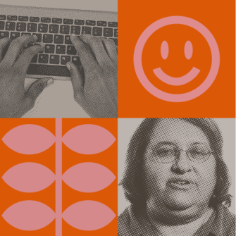 A collage with four panels: hands typing on a keyboard, a pink smiley face, geometric leaf shapes, and a grayscale portrait of a woman, all on an orange background.