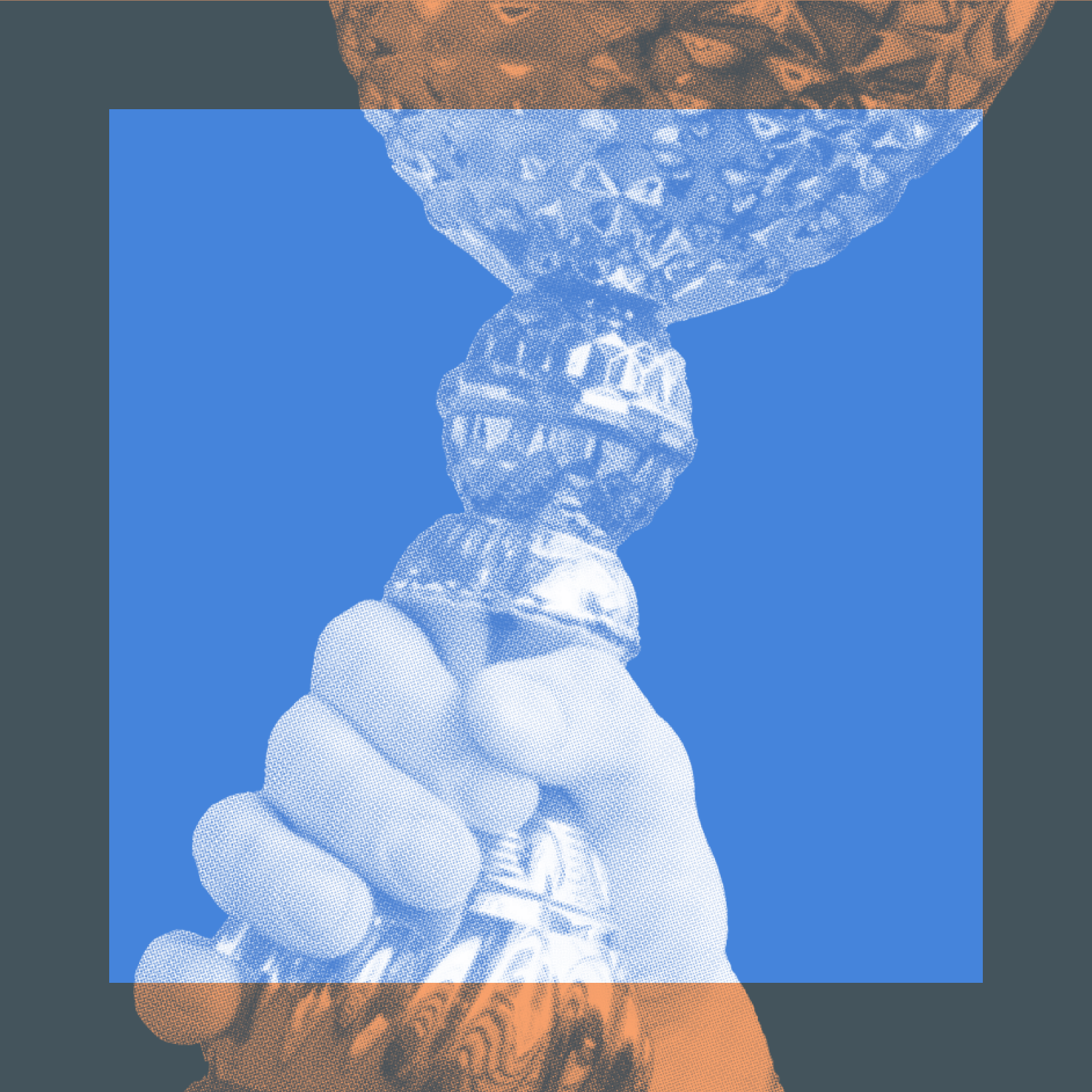 A hand holding up a decorative trophy cup, with a blue square background overlay.