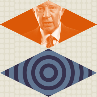 A man in a suit is shown in an orange diamond shape above a blue diamond with concentric circles on a patterned background.