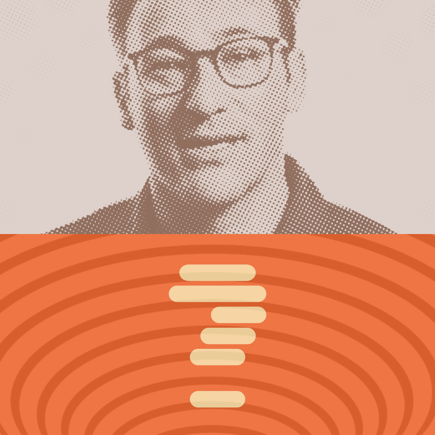 A halftone portrait of a person wearing glasses is positioned above an orange background with concentric circles and stacked horizontal bars.