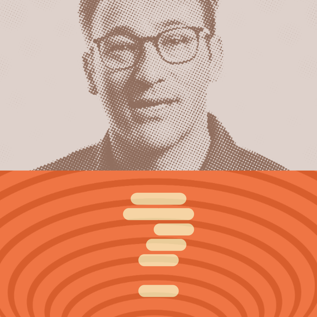 A halftone portrait of a person wearing glasses is positioned above an orange background with concentric circles and stacked horizontal bars.