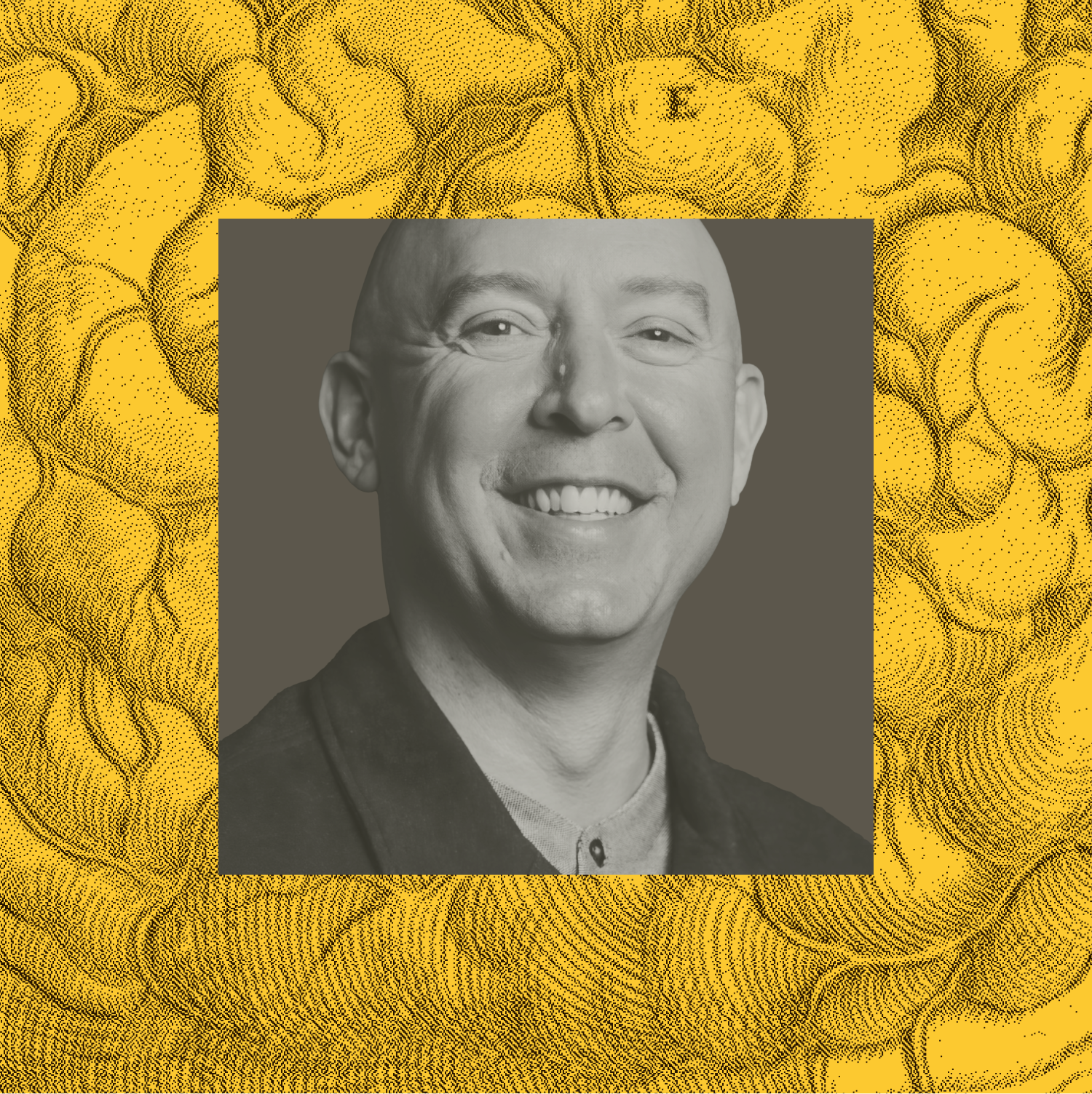 Smiling bald man in a collared shirt, centered in a grayscale photo against a yellow background with abstract swirling patterns.