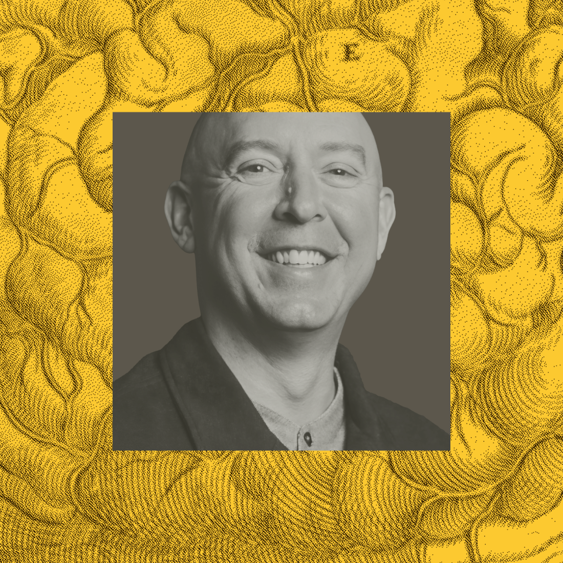 Smiling bald man in a collared shirt, centered in a grayscale photo against a yellow background with abstract swirling patterns.