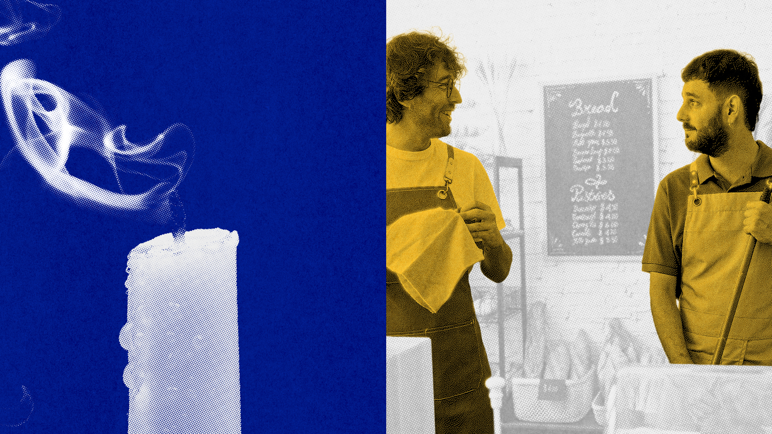 A white candle with smoke rising from its wick is shown on the left; on the right, two men wearing aprons stand talking in front of a café menu.
