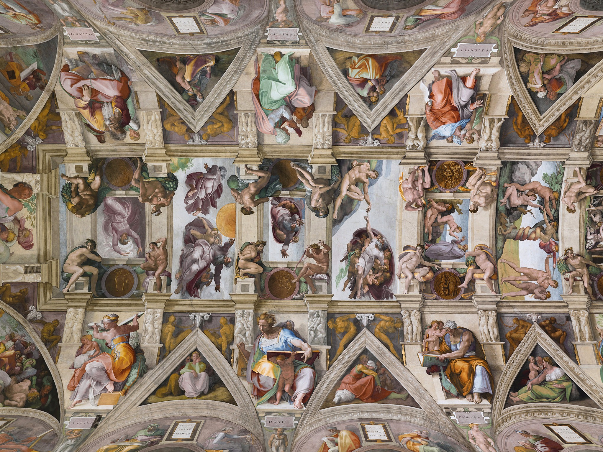 Ceiling fresco of the Sistine Chapel featuring numerous painted biblical scenes and figures, with intricate architectural and decorative elements.