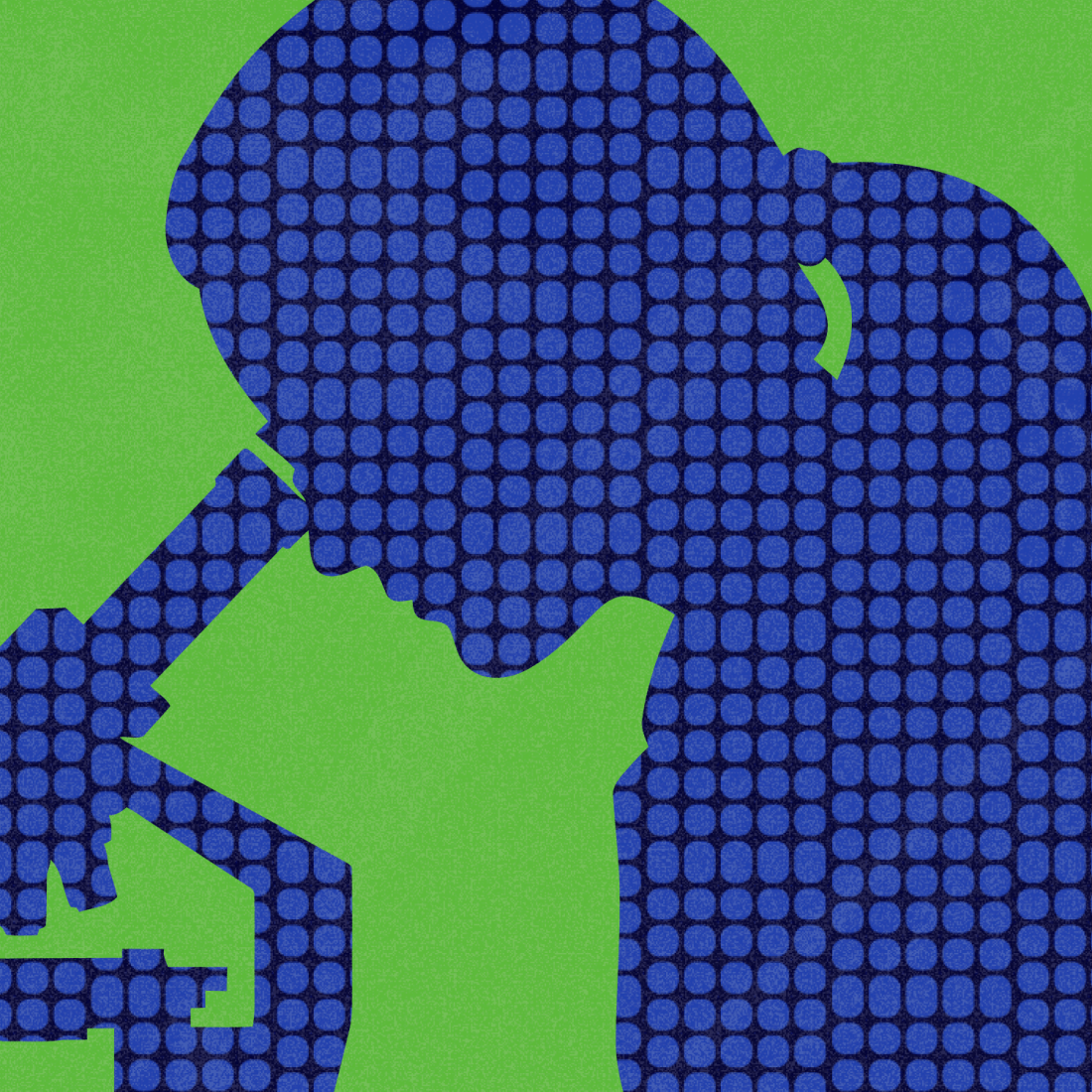 A blue and green dot drawing of a woman looking through a microscope.