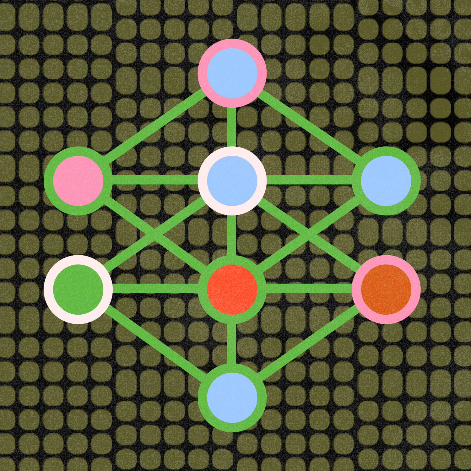 A geometric diagram of interconnected colored circles on a dark dotted background, resembling a neural network or abstract data structure.