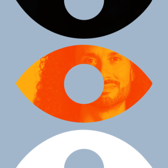 A stylized graphic with three large eye shapes stacked vertically; the middle orange eye reveals part of a person's face, while the others are solid black and white.