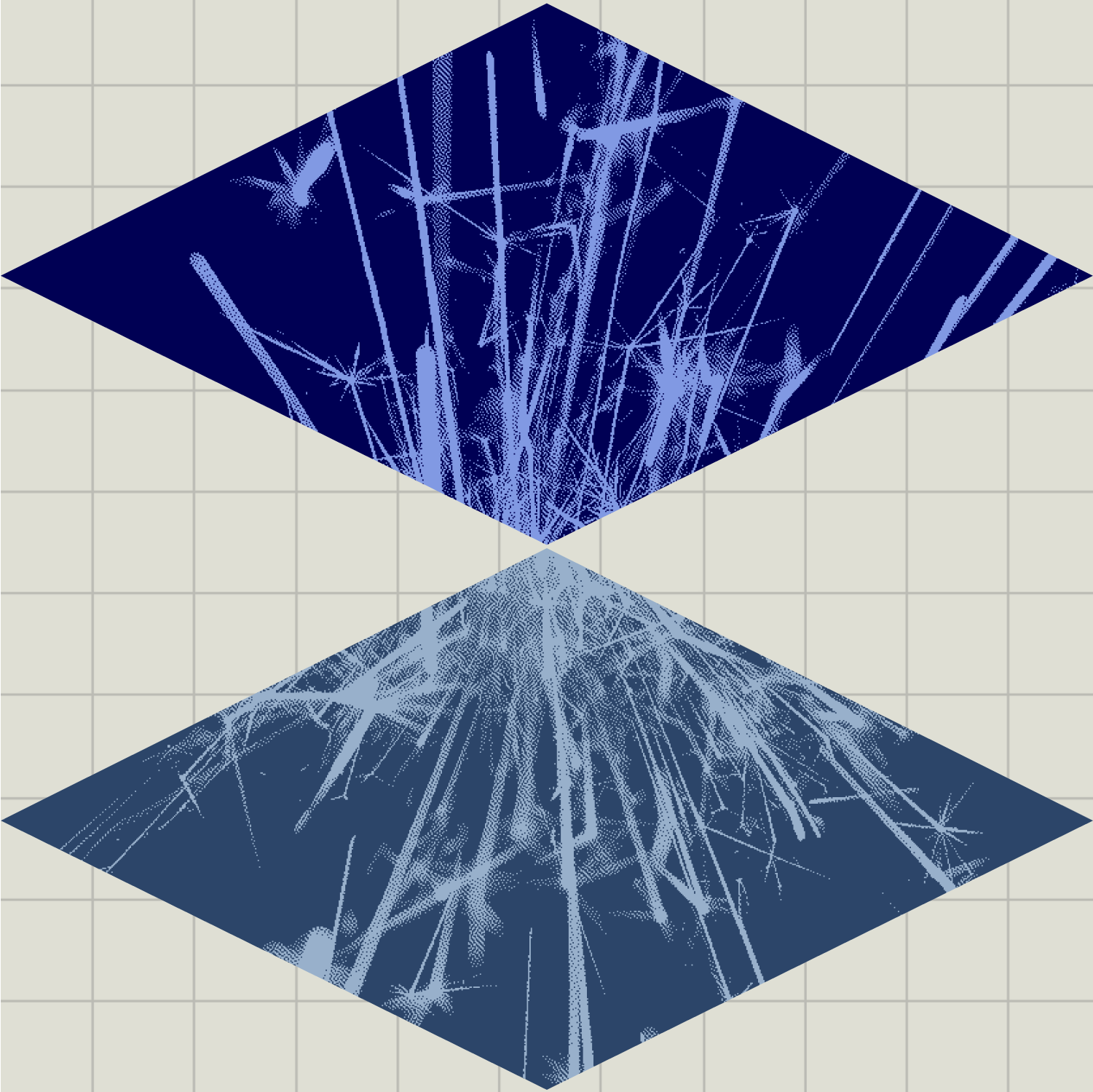 Two diamond-shaped planes with intersecting light blue streaks, positioned above a grid background, reflecting each other vertically.