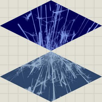 Two diamond-shaped planes with intersecting light blue streaks, positioned above a grid background, reflecting each other vertically.